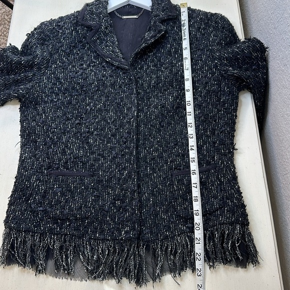 Elie Tahari Black Tweed Button-Up Blazer W/ Fringe Trim Sz Medium - Picture 15 of 16